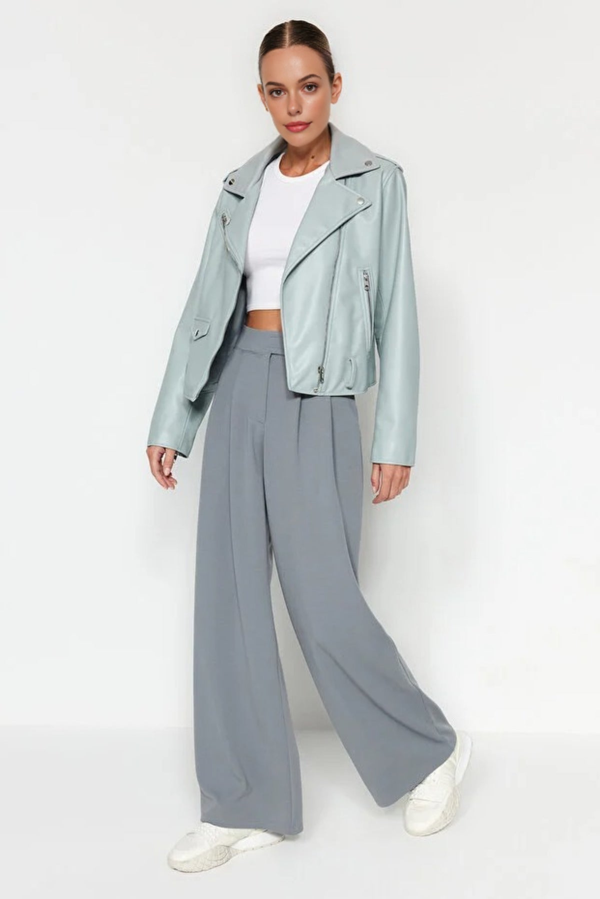 High Waist Pleated Wide Leg Trousers with Velcro Closure