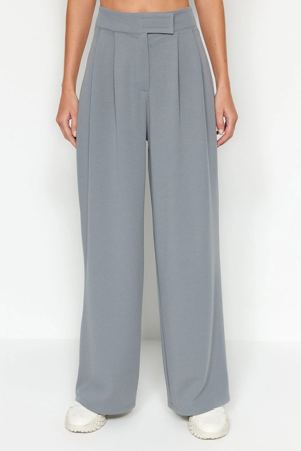 High Waist Pleated Wide Leg Trousers with Velcro Closure