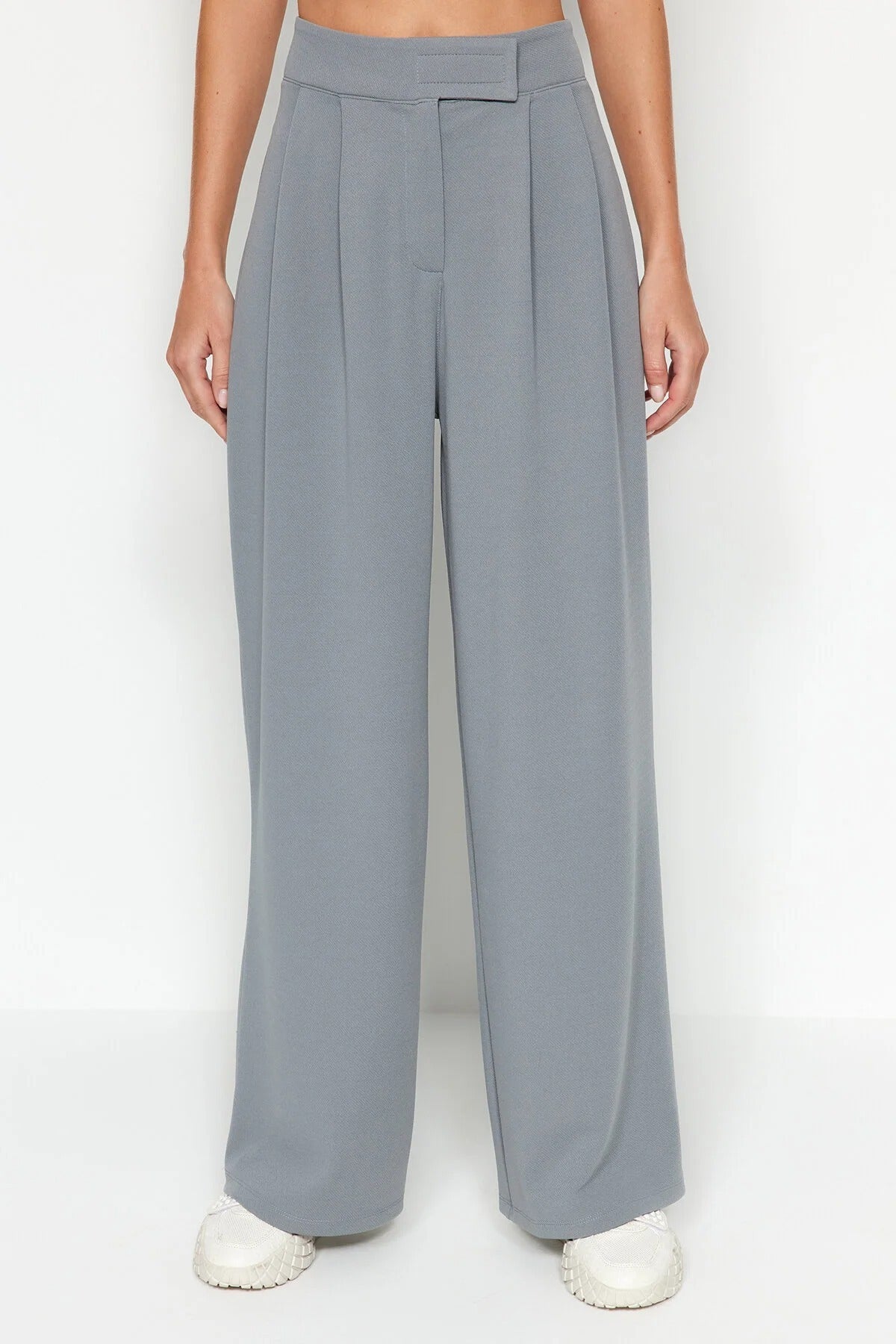 High Waist Pleated Wide Leg Trousers with Velcro Closure