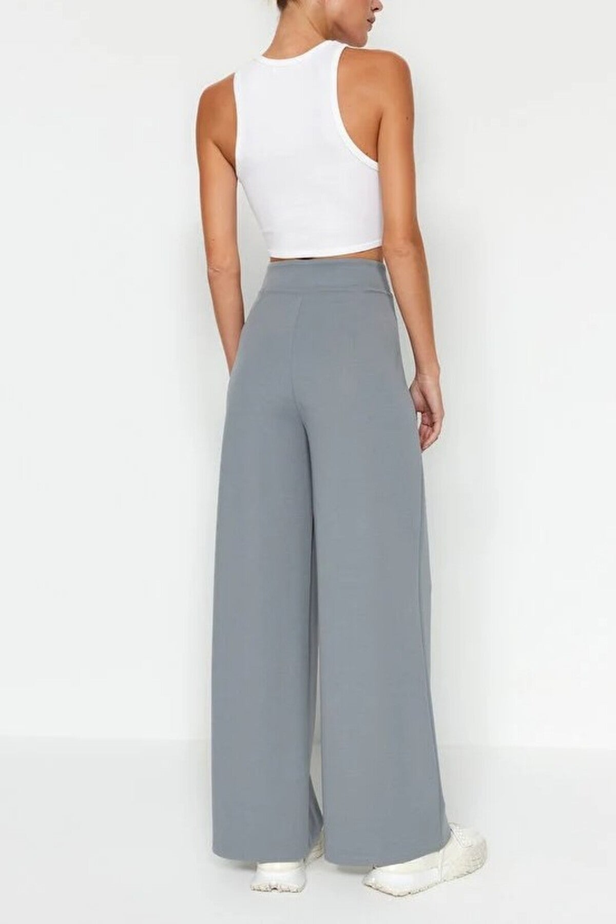 High Waist Pleated Wide Leg Trousers with Velcro Closure