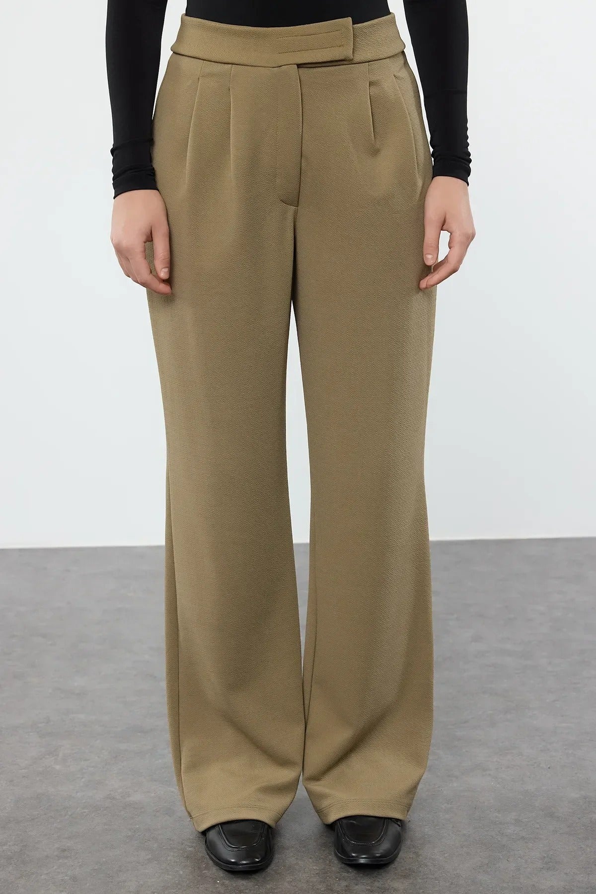 High Waist Pleated Wide Leg Trousers with Velcro Closure