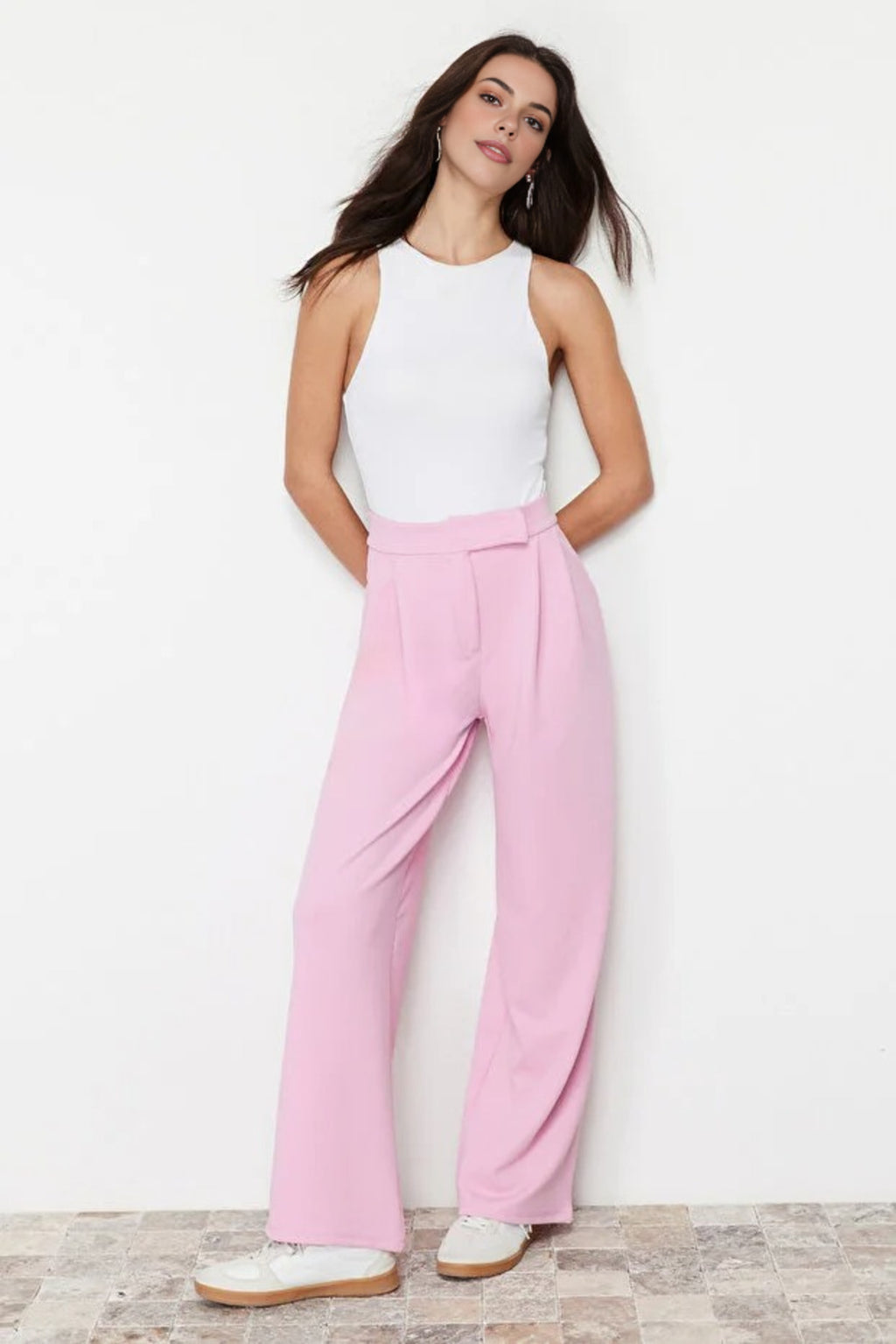 High Waist Pleated Wide Leg Trousers with Velcro Closure