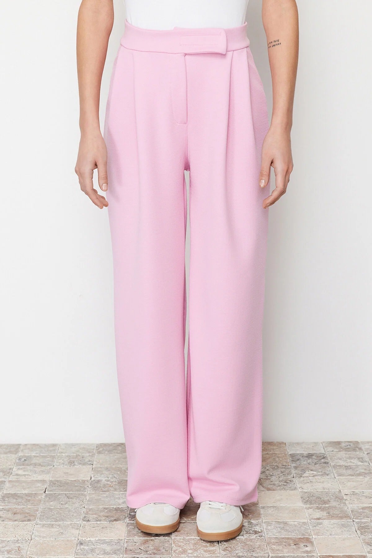 High Waist Pleated Wide Leg Trousers with Velcro Closure