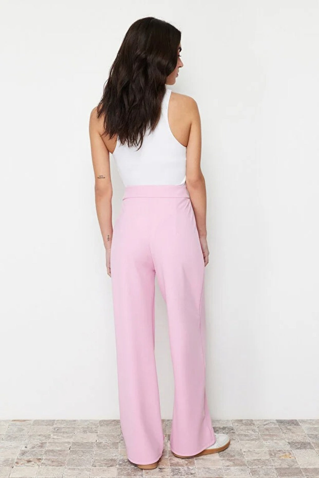 High Waist Pleated Wide Leg Trousers with Velcro Closure