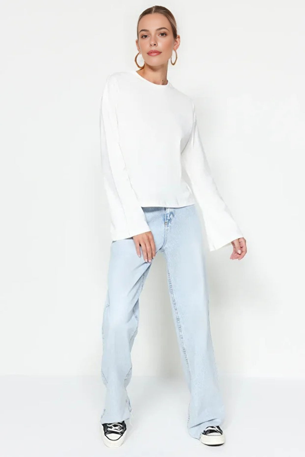 Crew Neck Knit T-Shirt with Spanish Sleeve