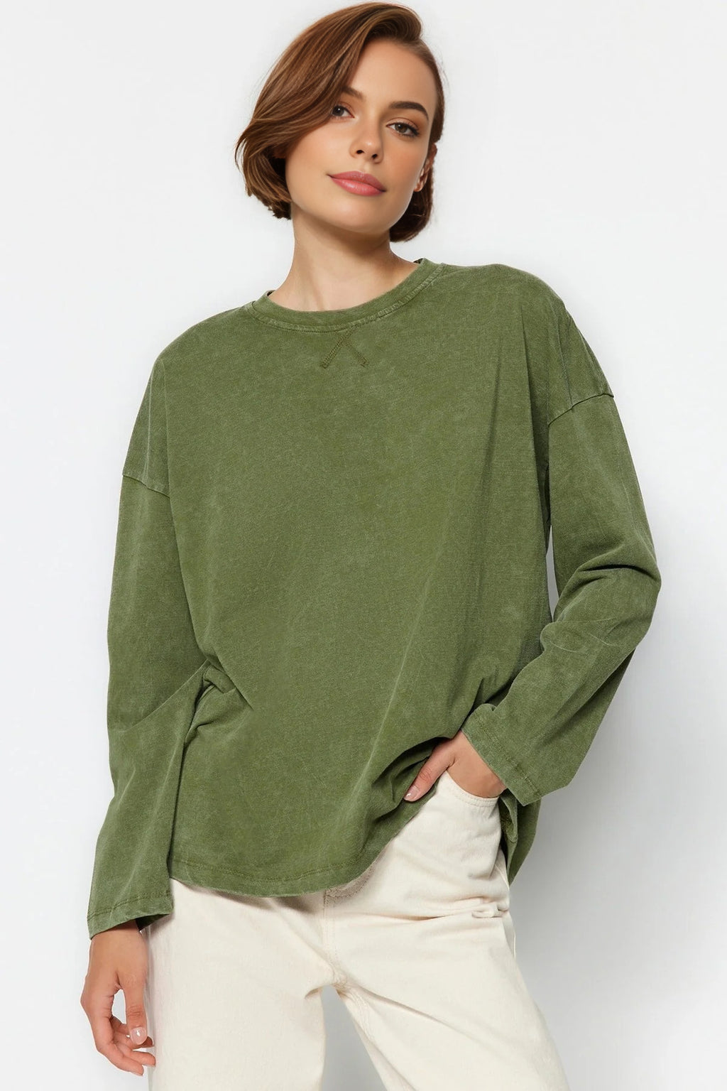 Thick Cotton Vintage Effect Relaxed Crew Neck Knit T-Shirt