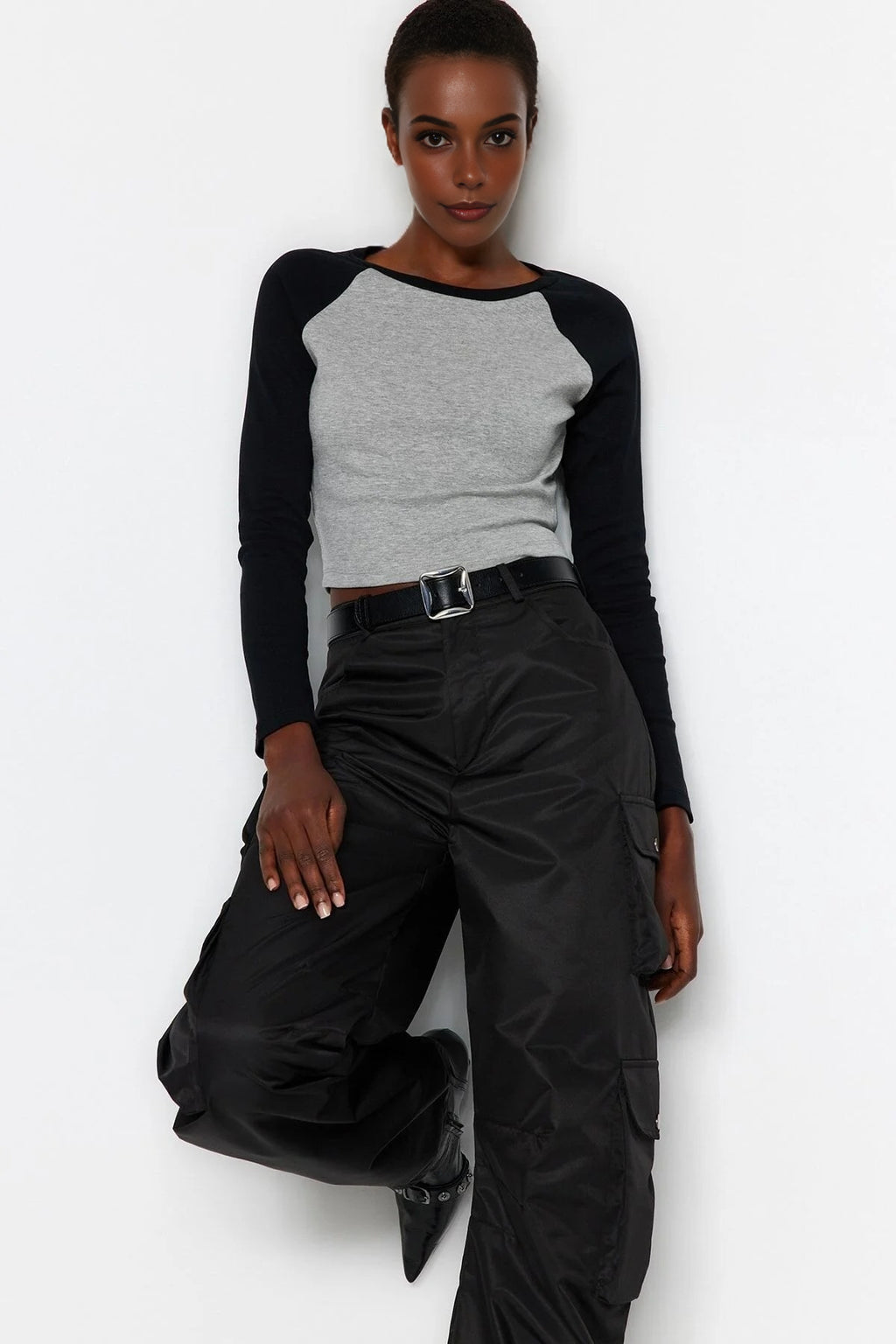 Ribbed Crop Knit T-Shirt with Raglan Sleeve