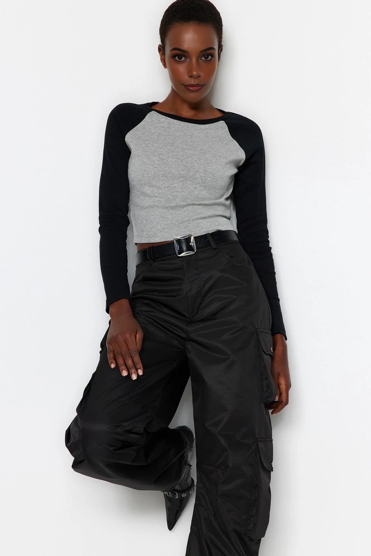 Ribbed Crop Knit T-Shirt with Raglan Sleeve