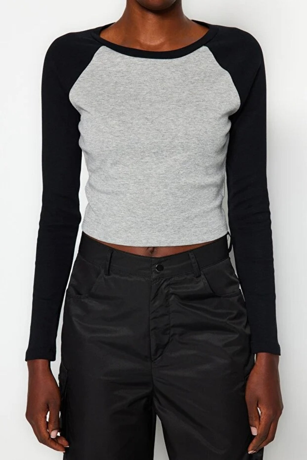 Ribbed Crop Knit T-Shirt with Raglan Sleeve