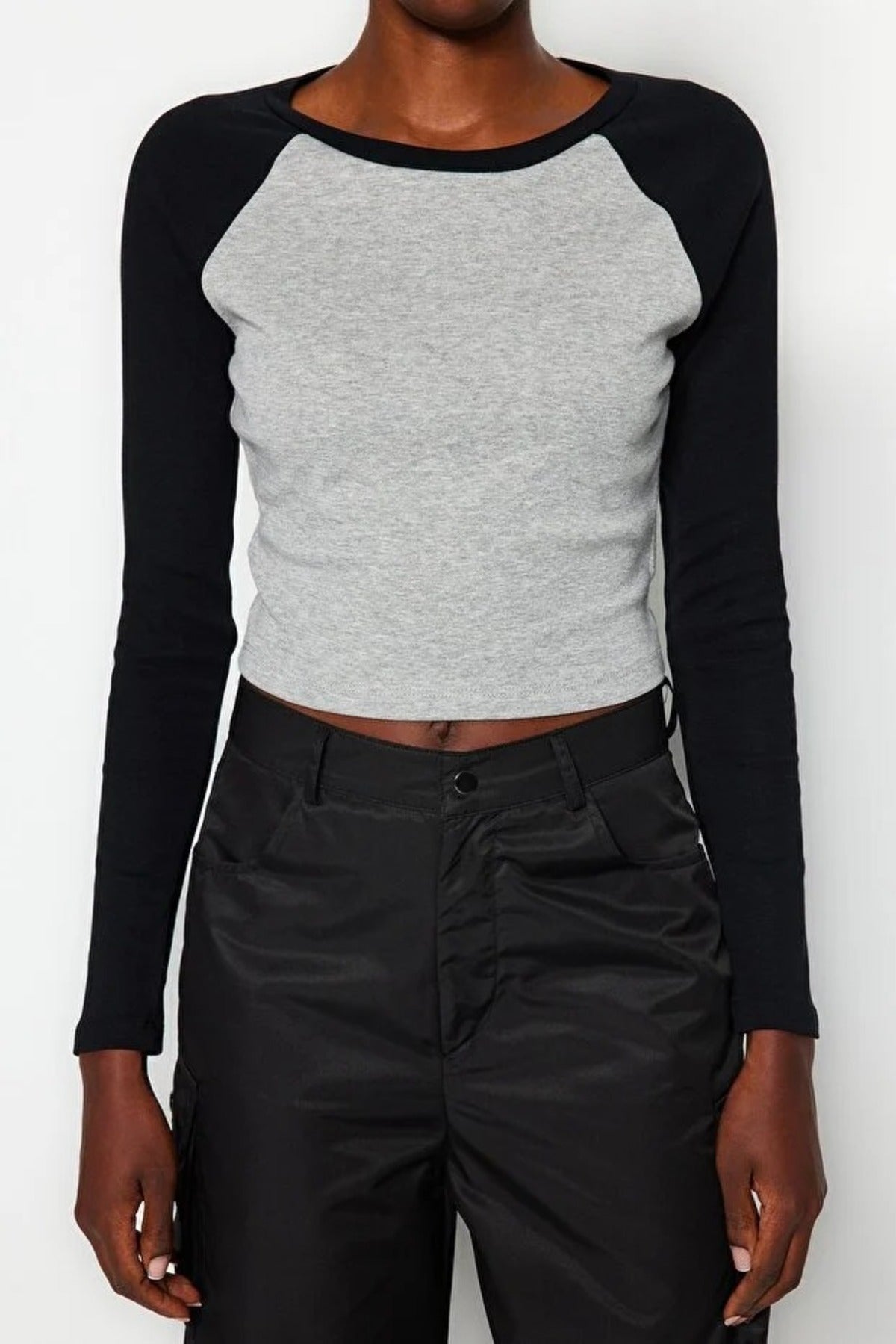 Ribbed Crop Knit T-Shirt with Raglan Sleeve