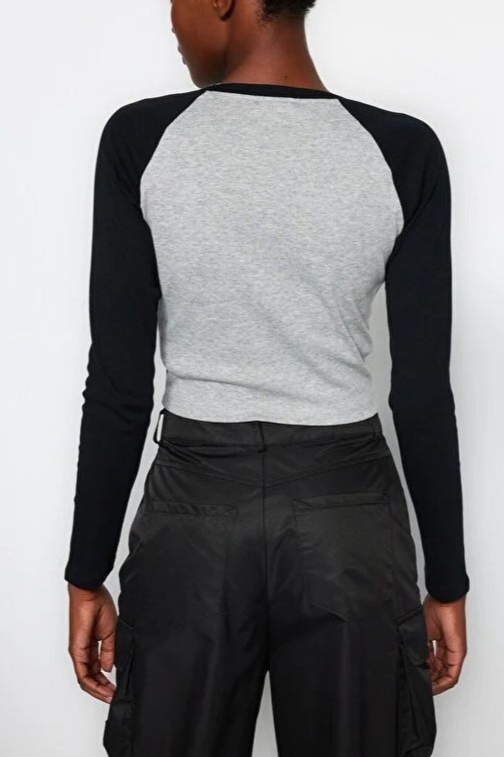 Ribbed Crop Knit T-Shirt with Raglan Sleeve