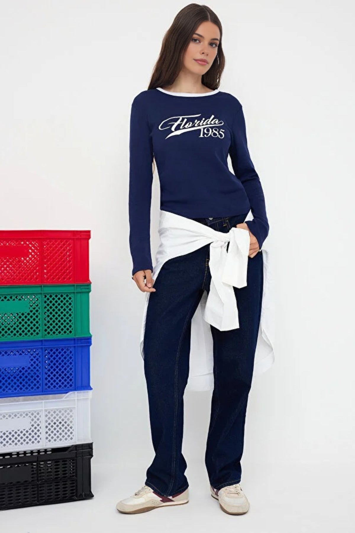 Crew Neck Knit T-Shirt with Slogan Print