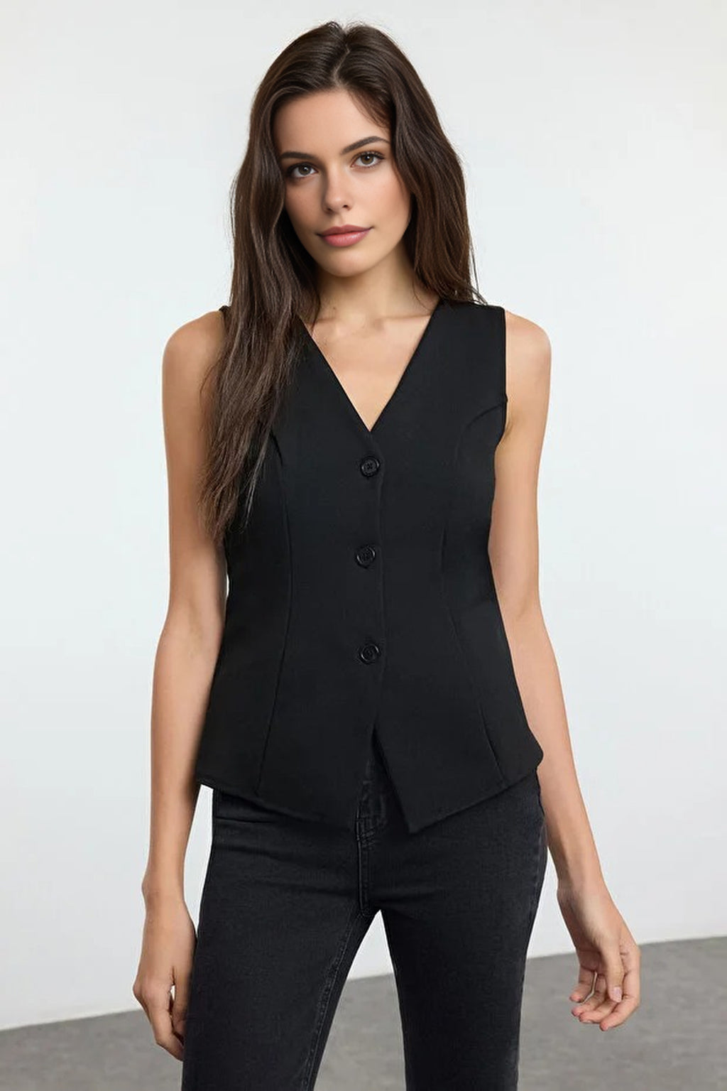 V-Neck Buttoned Flexible Knit Vest