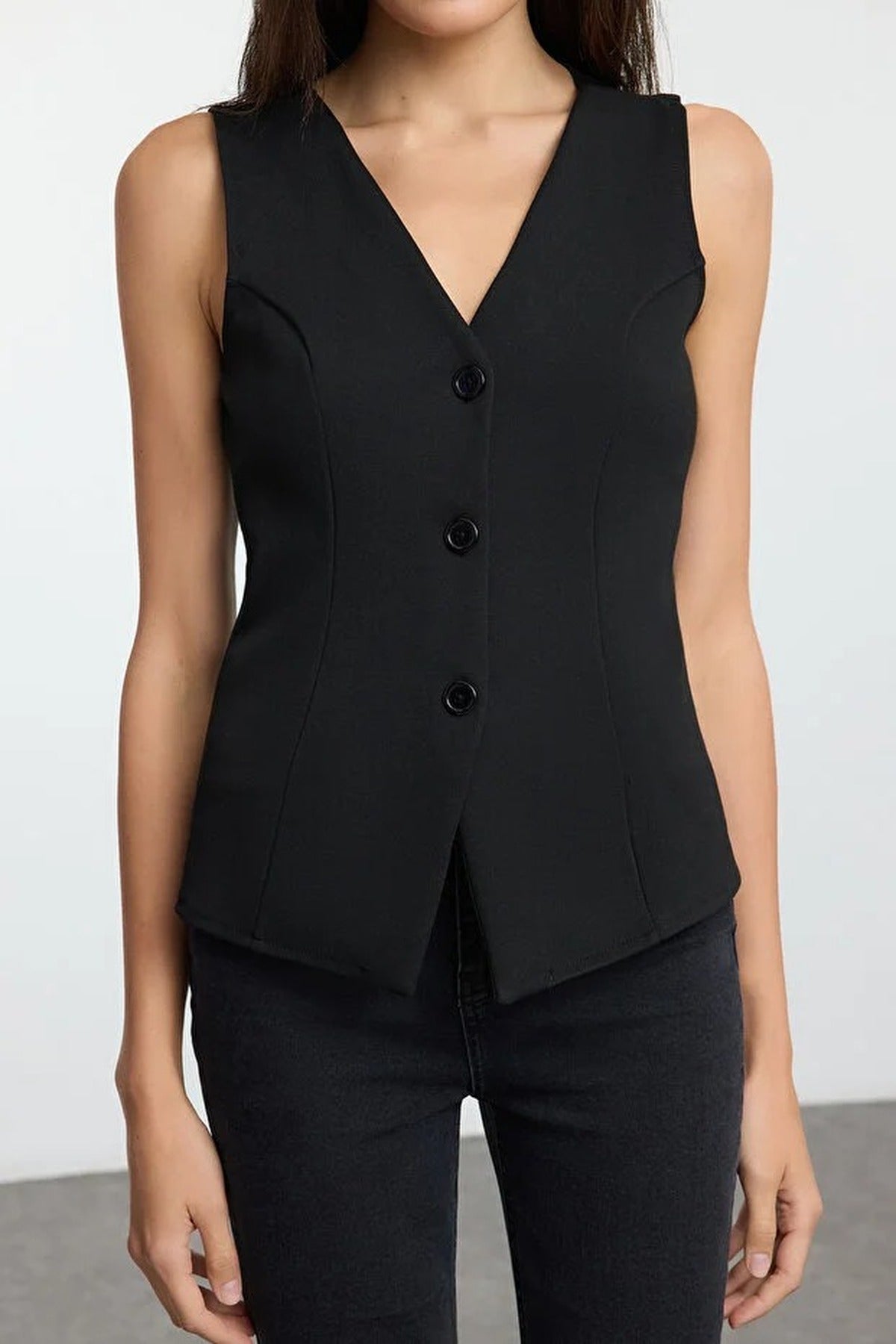 V-Neck Buttoned Flexible Knit Vest