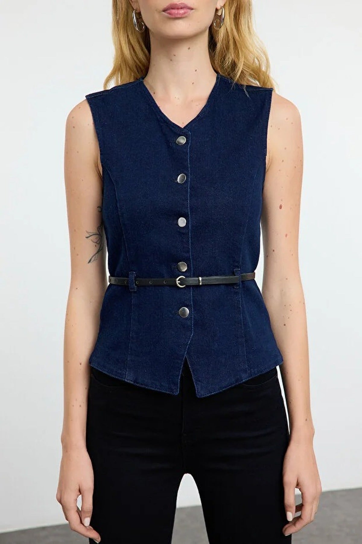 Denim Vest with Belt Detail