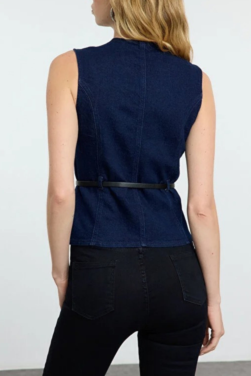 Denim Vest with Belt Detail