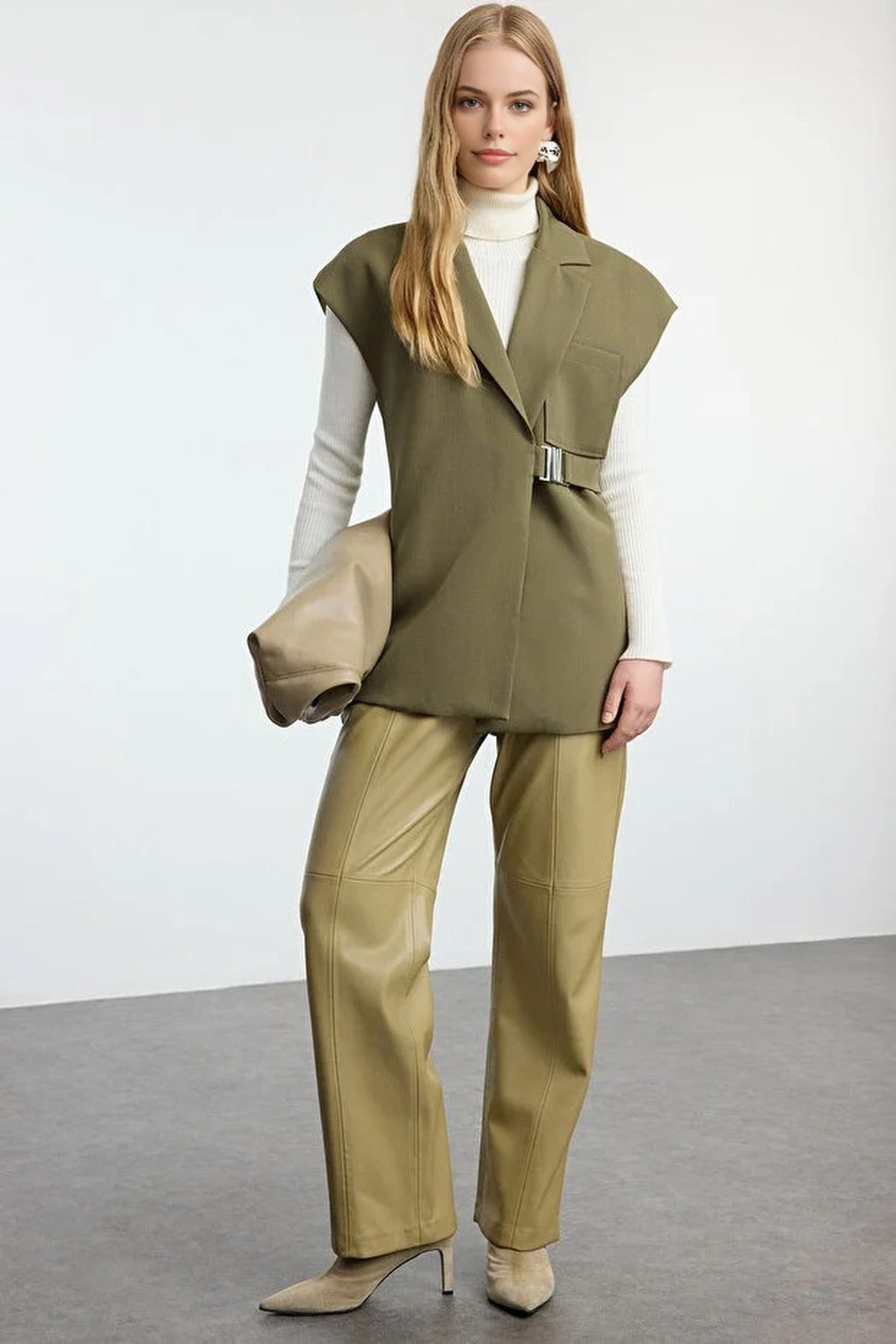 Double-Breasted Woven Fabric Vest with Buckle Accessory