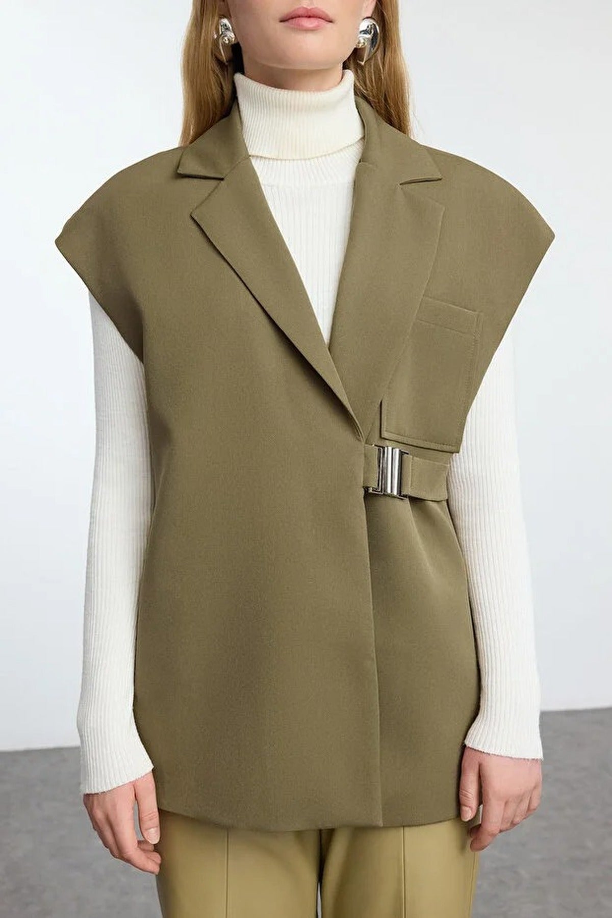 Double-Breasted Woven Fabric Vest with Buckle Accessory