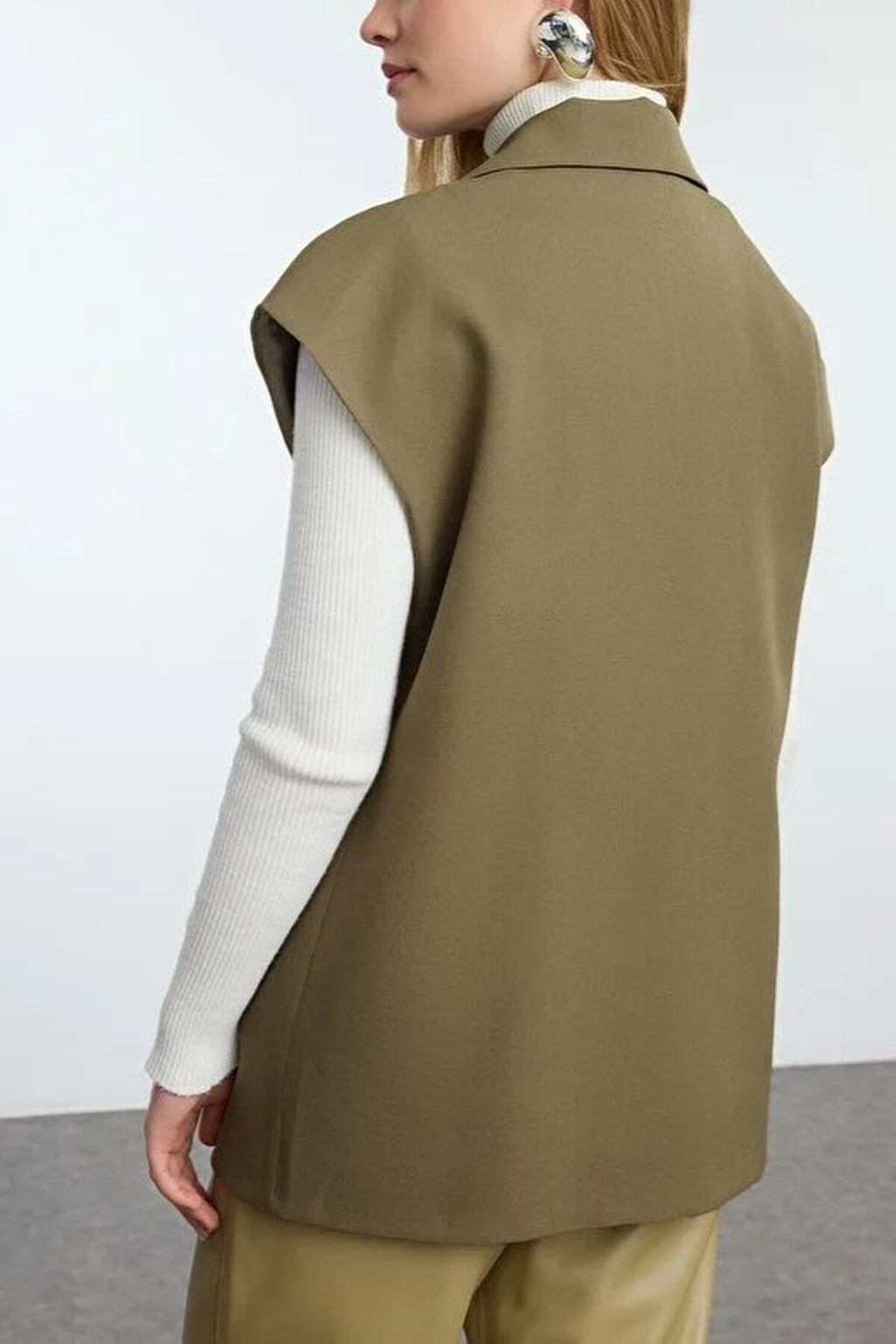 Double-Breasted Woven Fabric Vest with Buckle Accessory