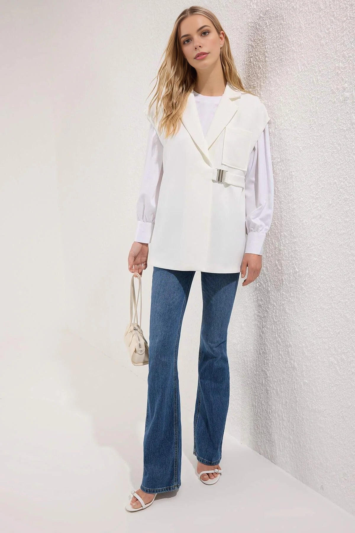 Double-Breasted Woven Fabric Vest with Buckle Accessory