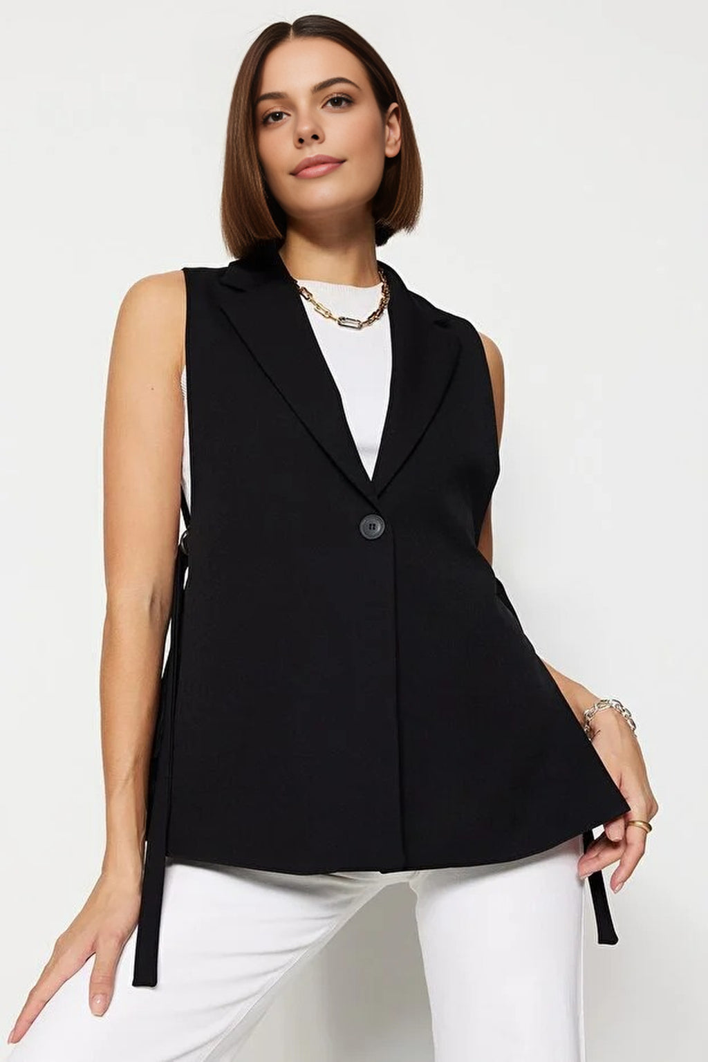 Oversize Lined Woven Vest with Side Tie Detail