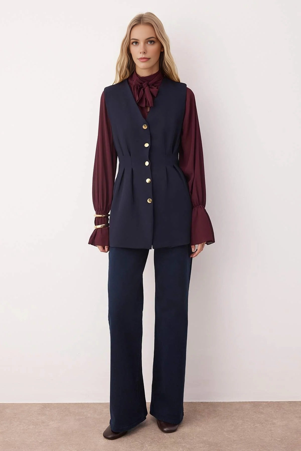 Woven Vest with Peplum and Snaps Detail