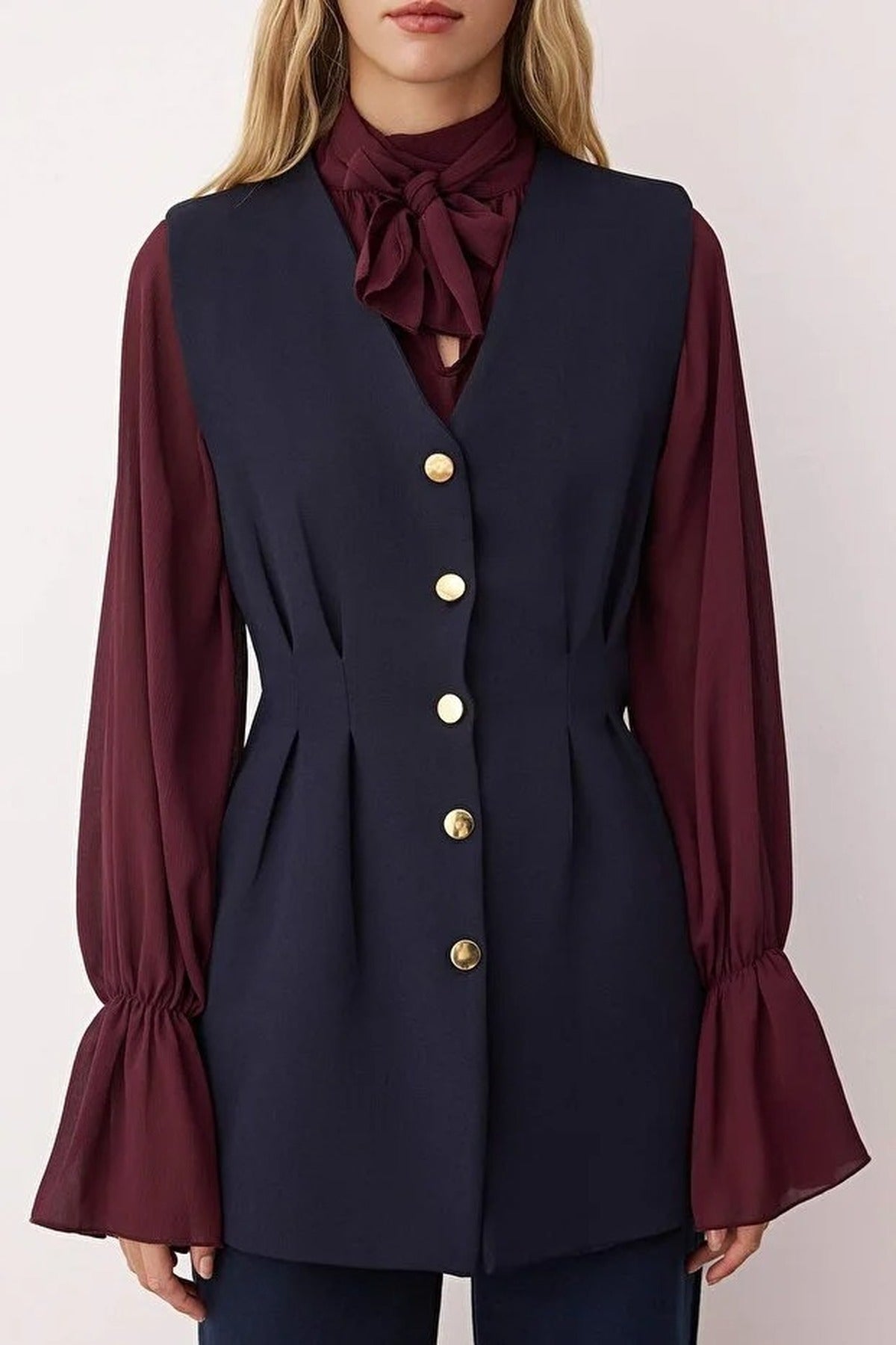 Woven Vest with Peplum and Snaps Detail