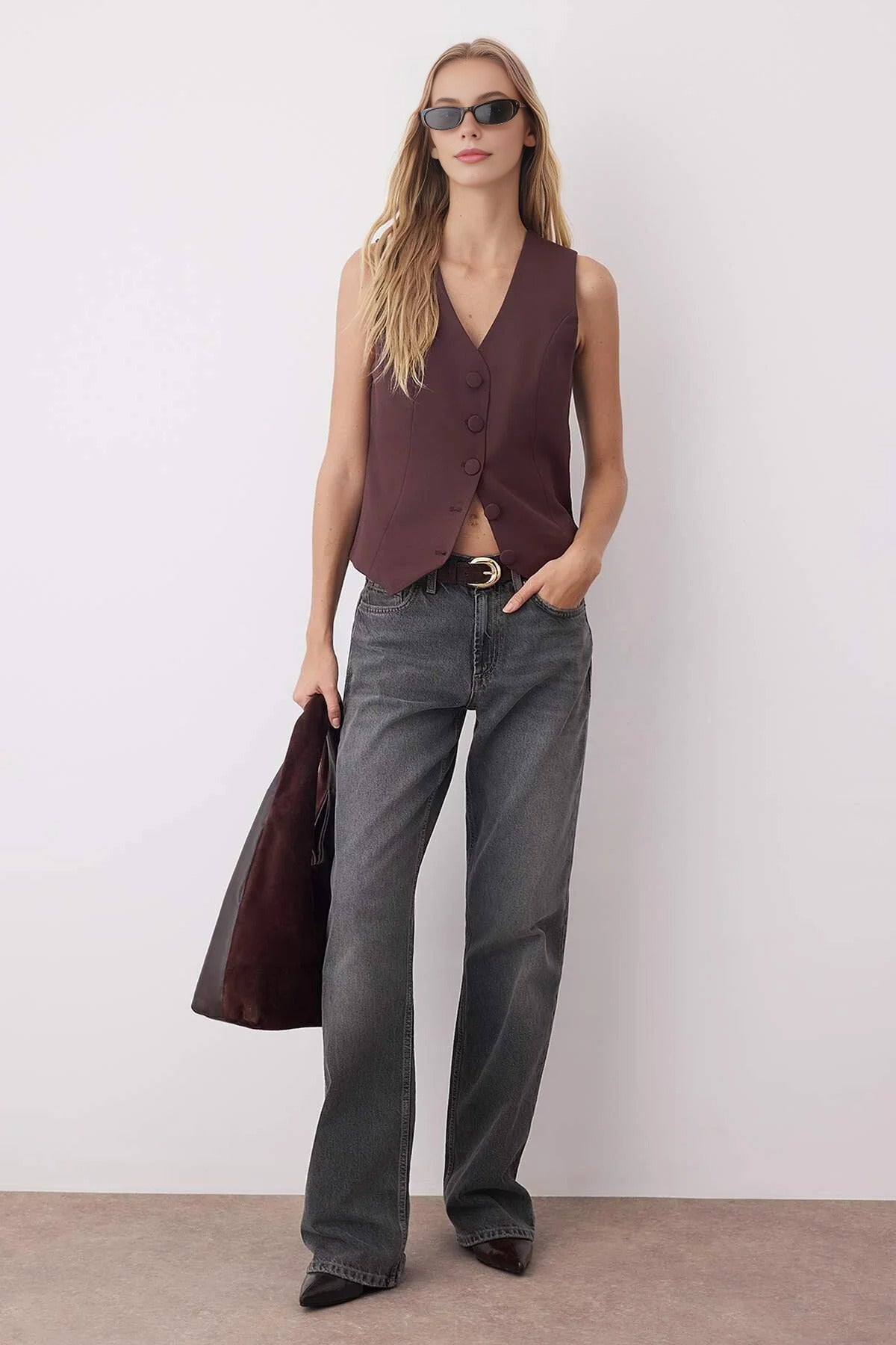 Crop Woven Vest with Buttons