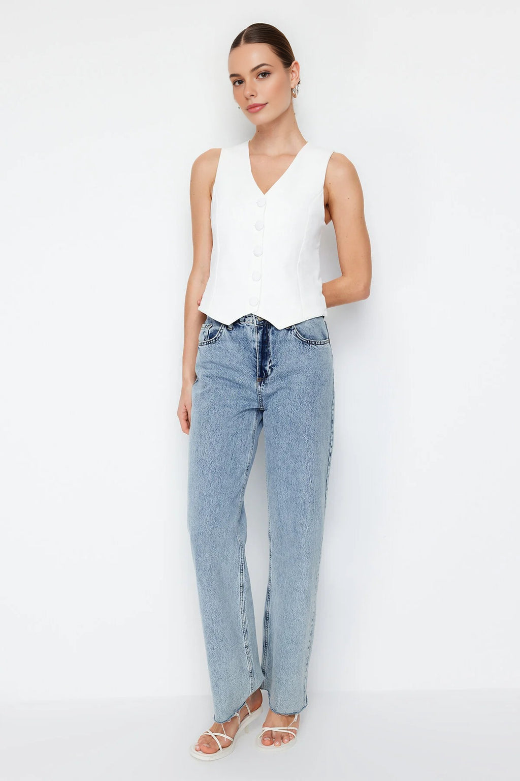 Crop Woven Vest with Buttons