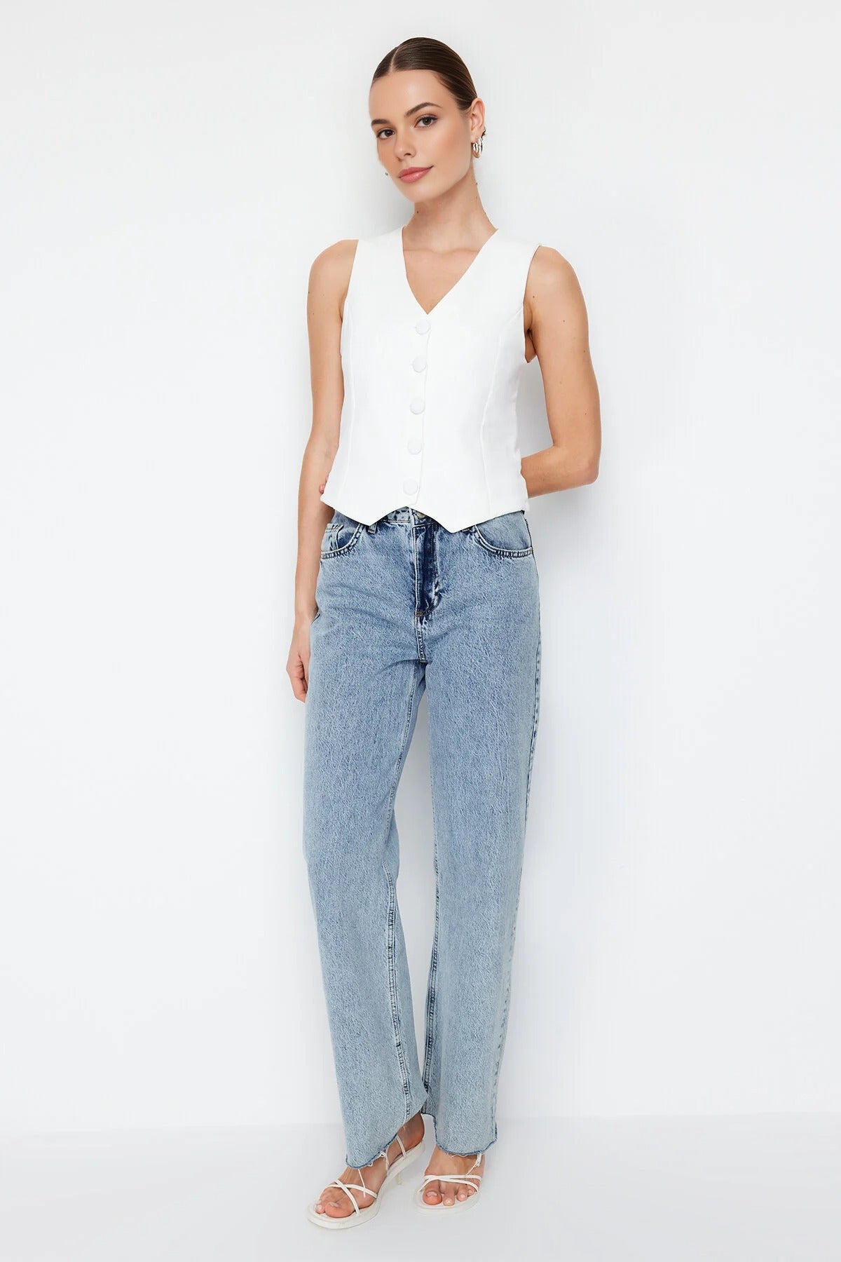 Crop Woven Vest with Buttons