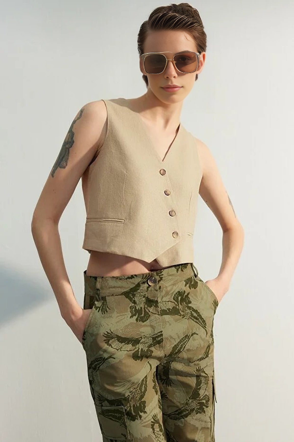 Crop Woven Linen Look Vest with Button Detail