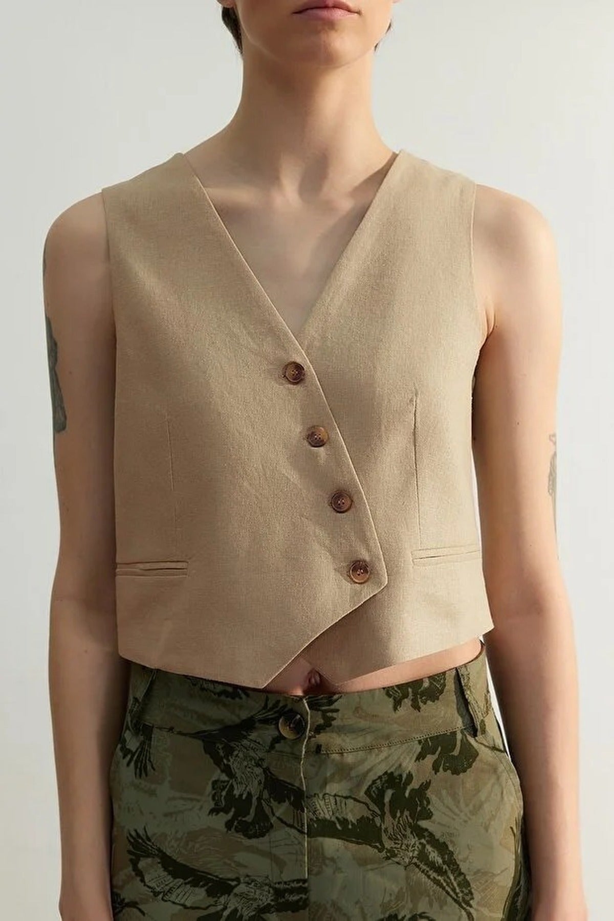 Crop Woven Linen Look Vest with Button Detail