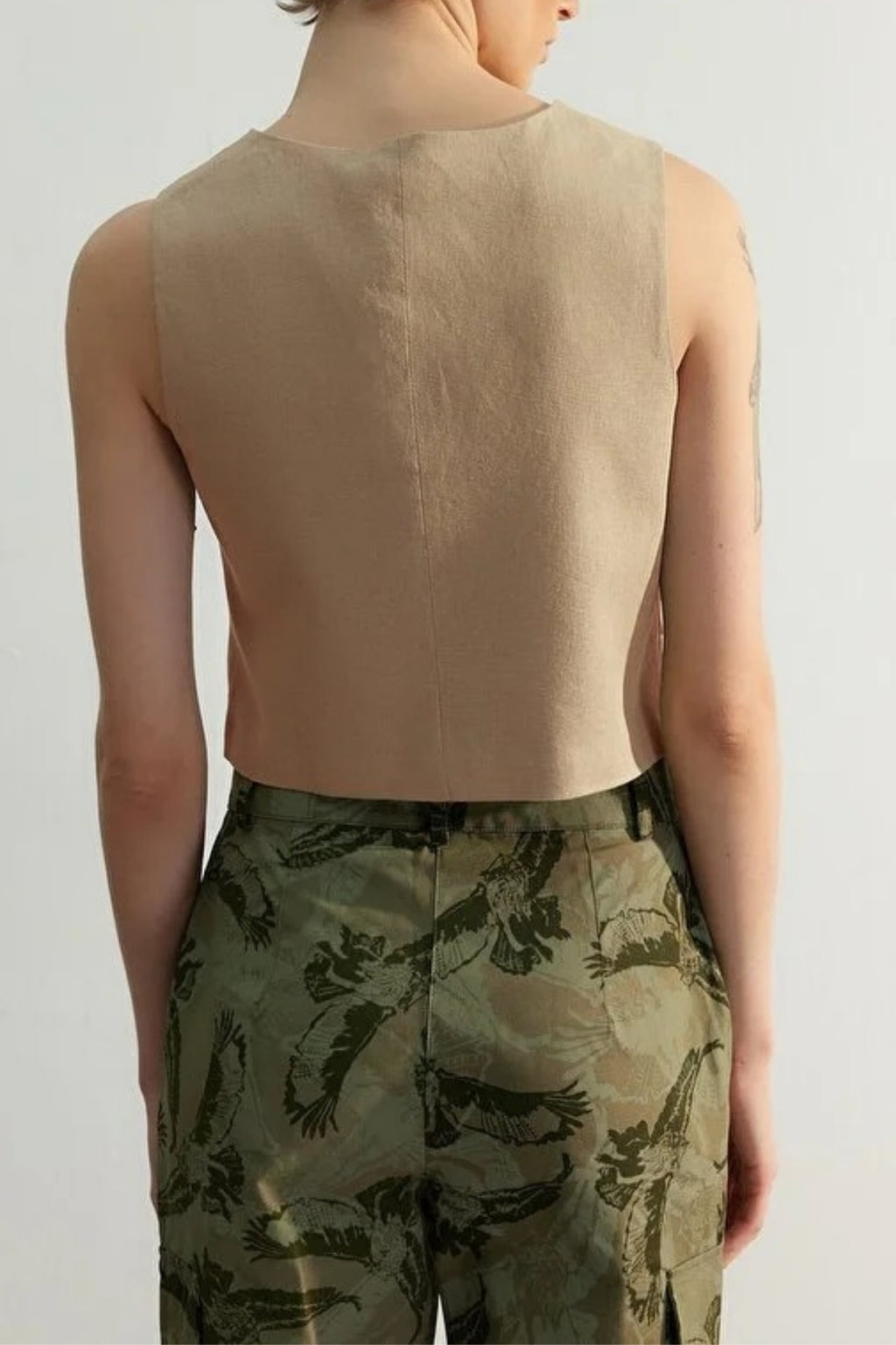 Crop Woven Linen Look Vest with Button Detail