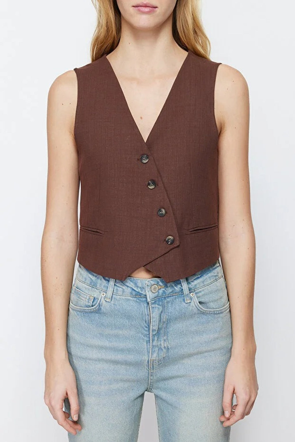 Crop Woven Linen Look Vest with Button Detail
