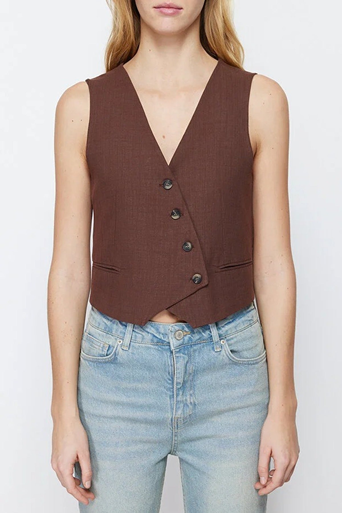 Crop Woven Linen Look Vest with Button Detail