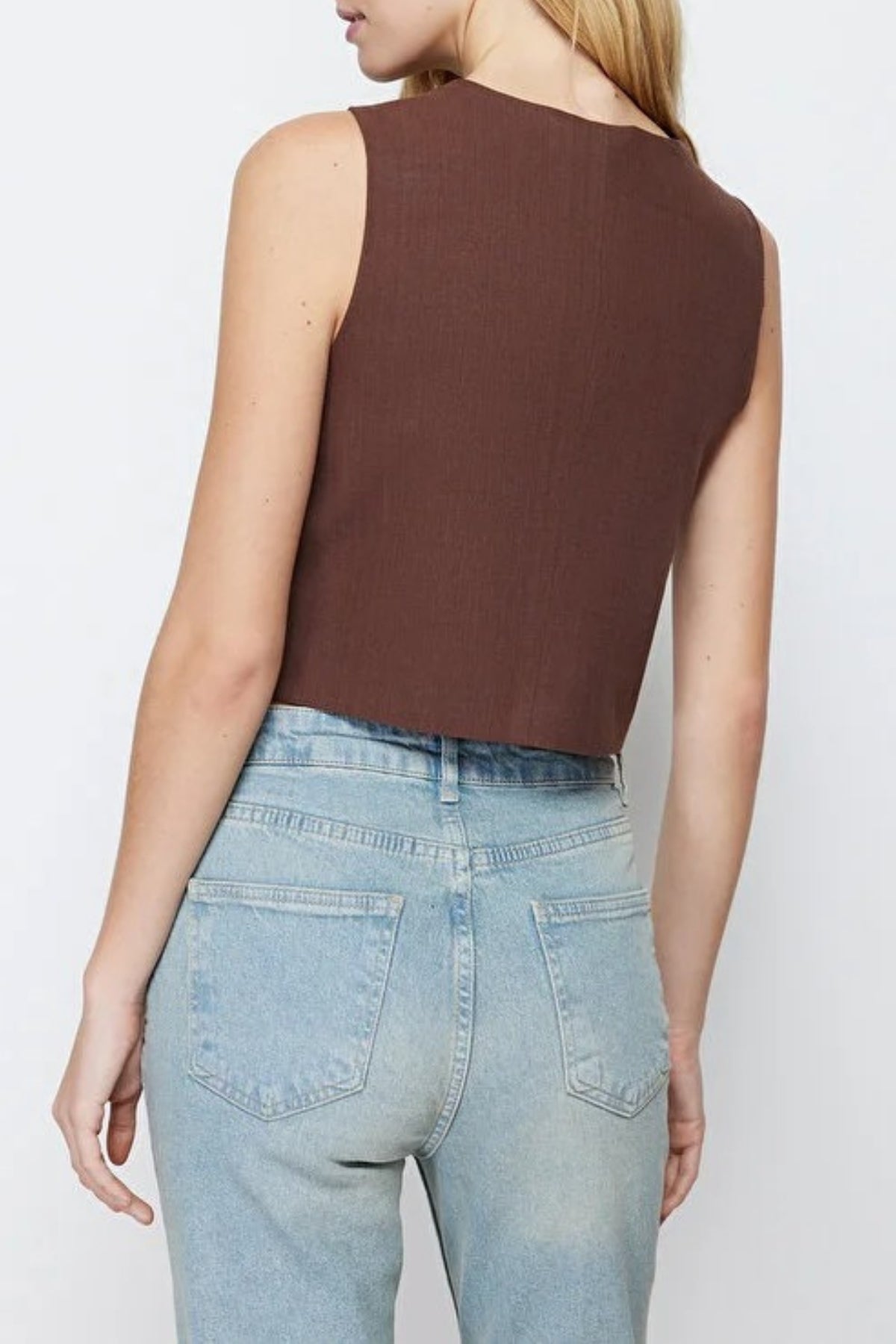 Crop Woven Linen Look Vest with Button Detail