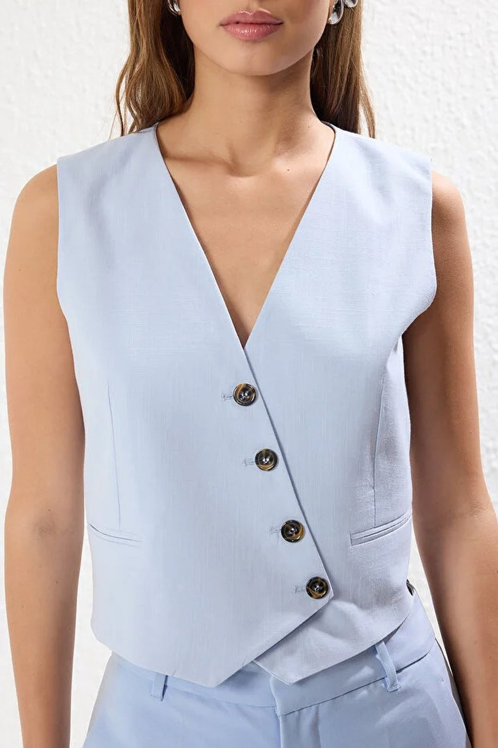 Crop Woven Linen Look Vest with Button Detail