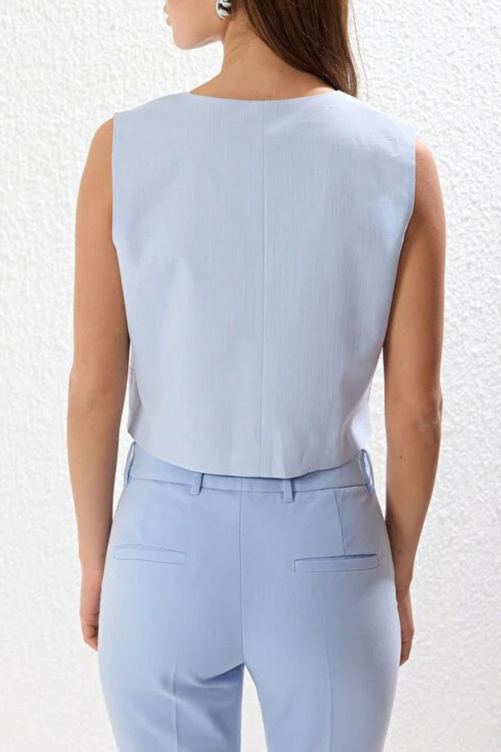 Crop Woven Linen Look Vest with Button Detail