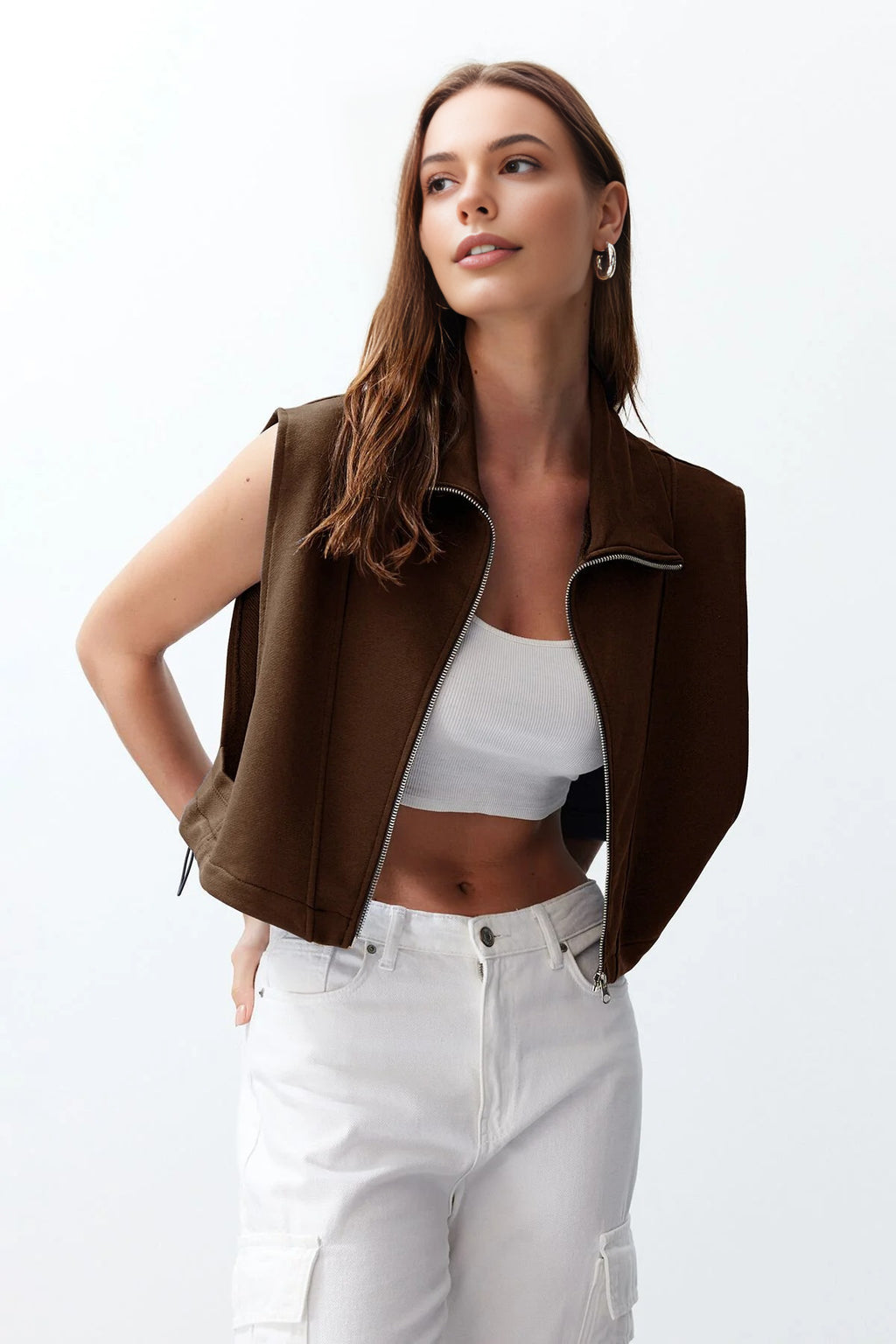 Stand Collar Moon Sleeve Thick Zippered Vest