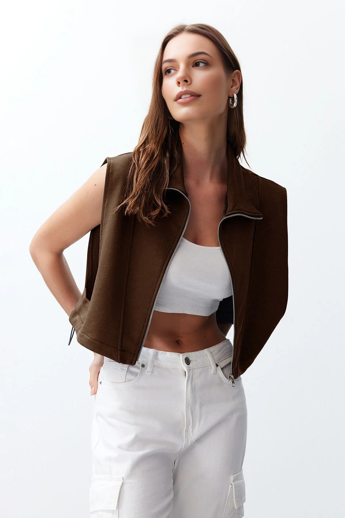 Stand Collar Moon Sleeve Thick Zippered Vest