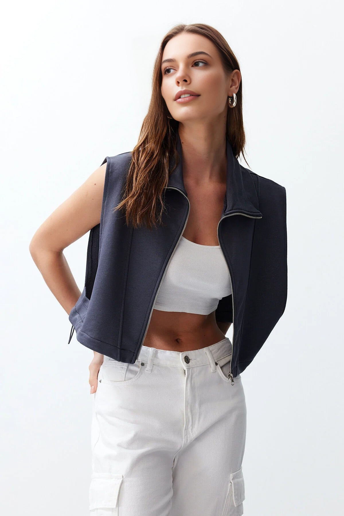 Stand Collar Moon Sleeve Thick Zippered Vest