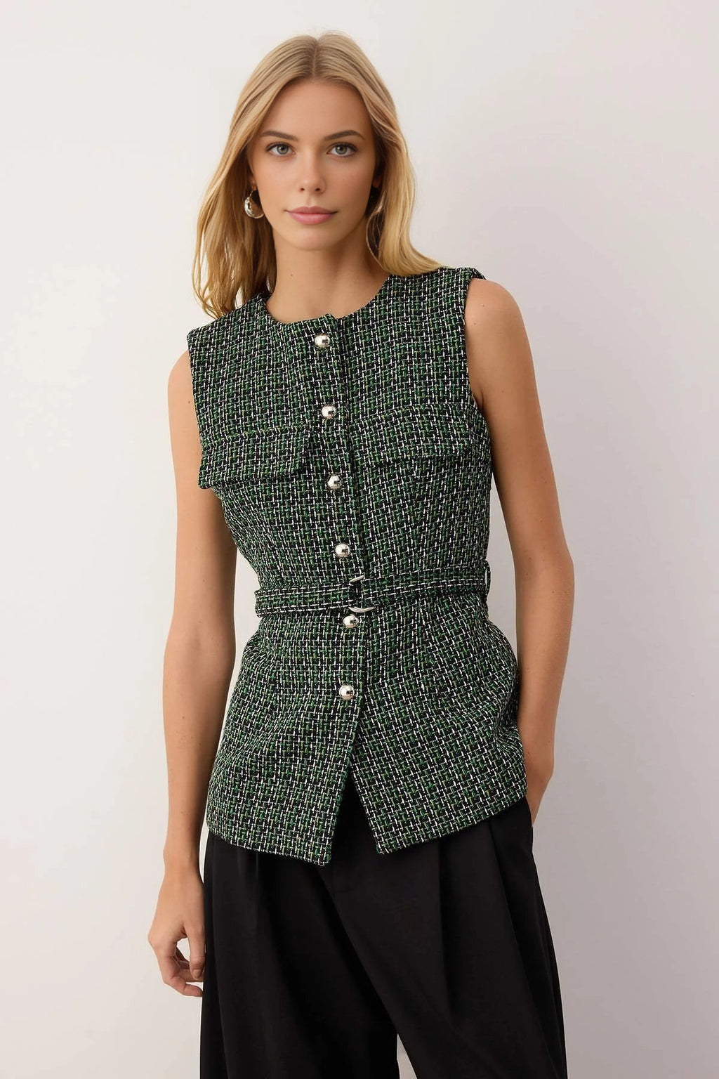 Woven Tweed Vest with Belt and Buttons