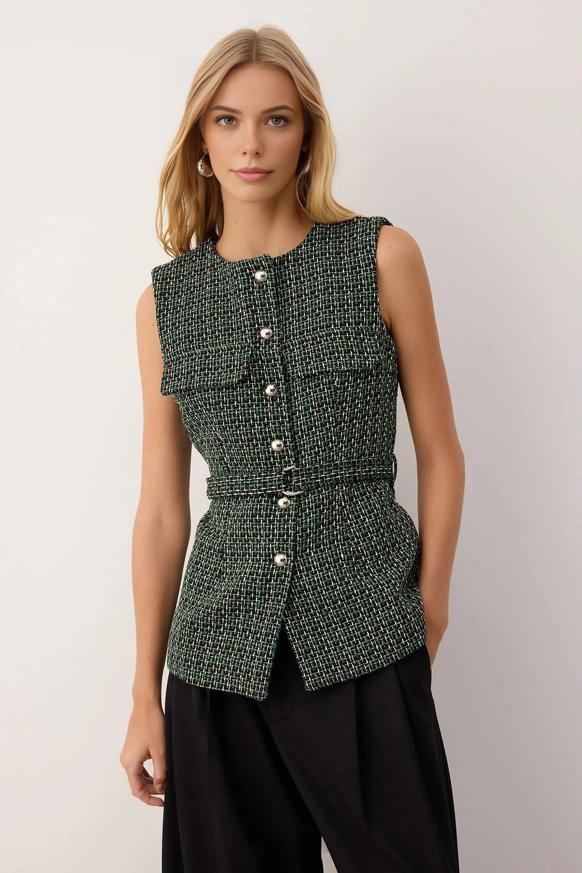 Woven Tweed Vest with Belt and Buttons