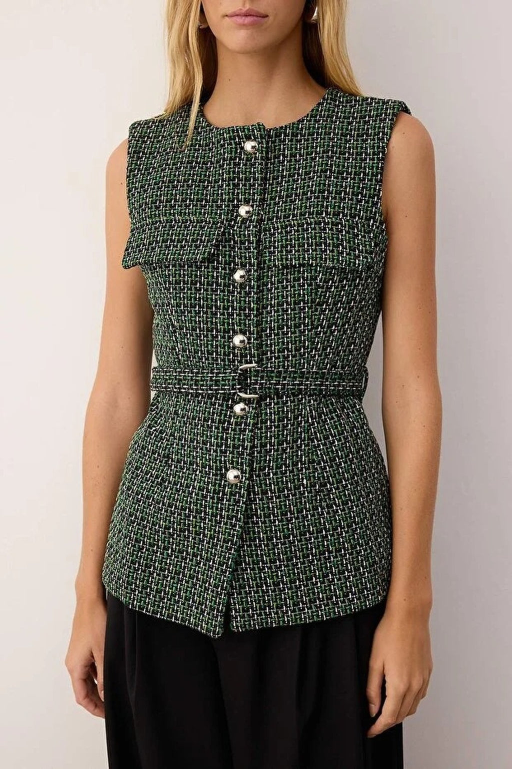 Woven Tweed Vest with Belt and Buttons