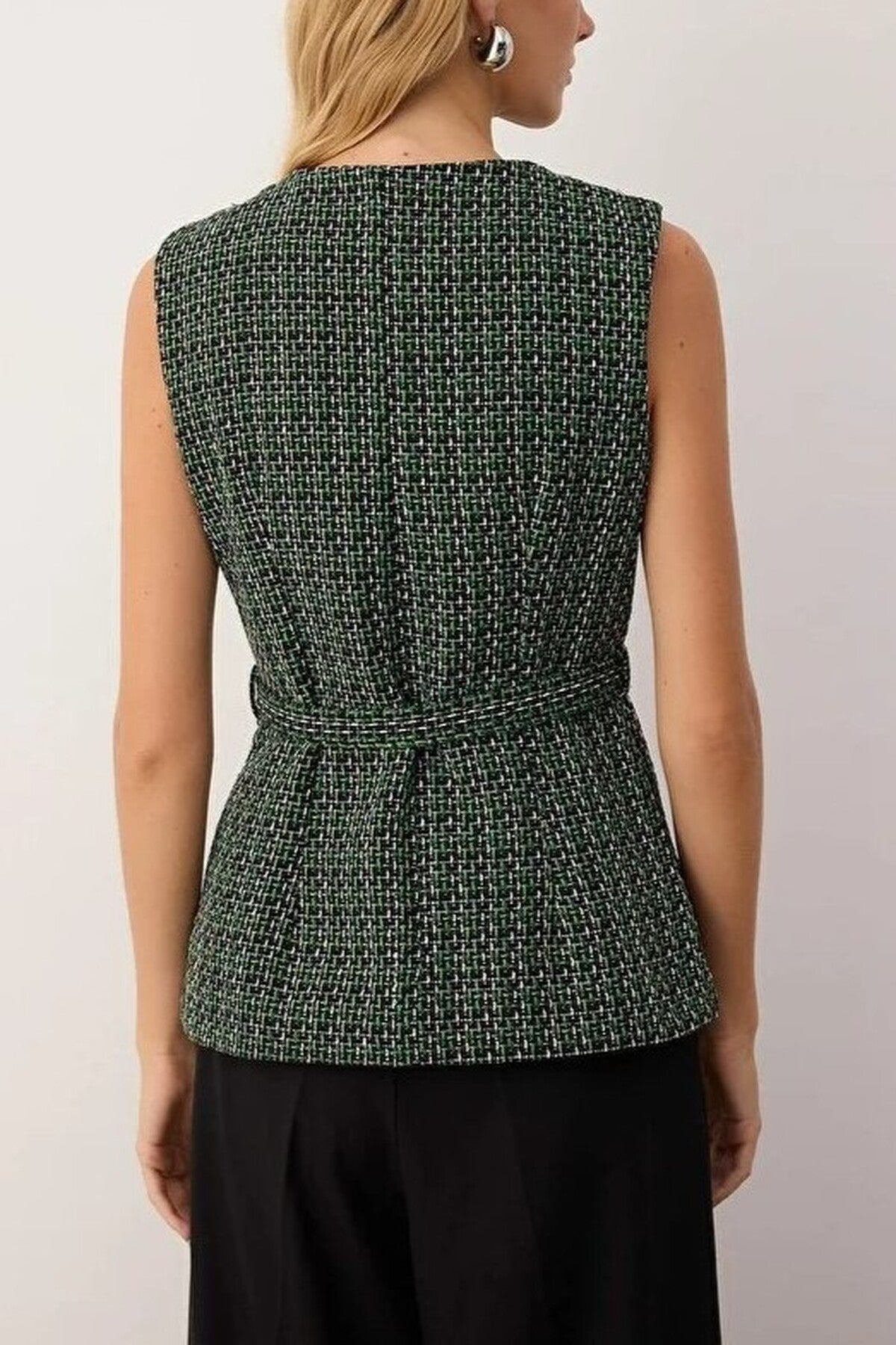 Woven Tweed Vest with Belt and Buttons