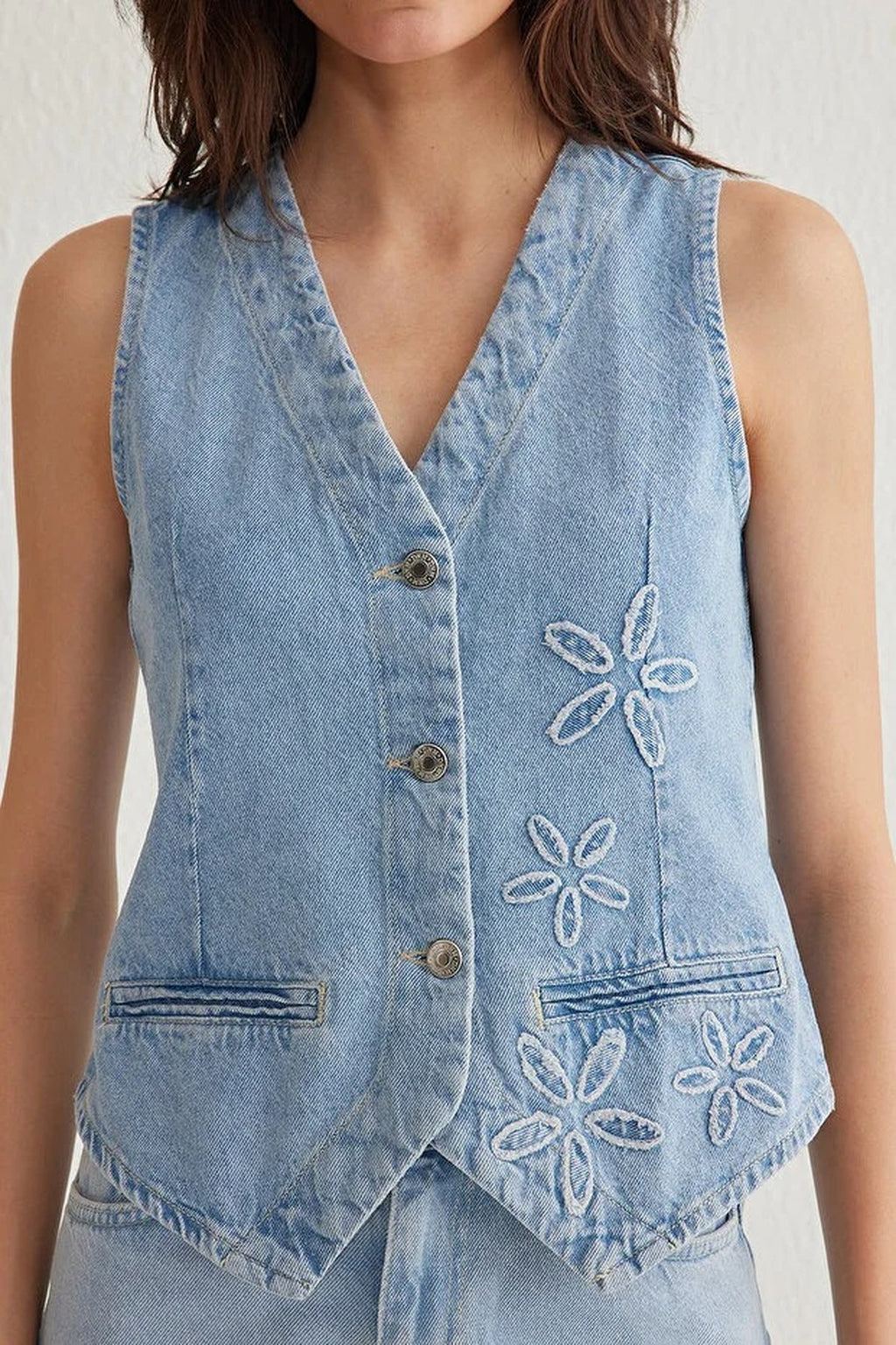 Floral Embroidered V-Neck Denim Vest