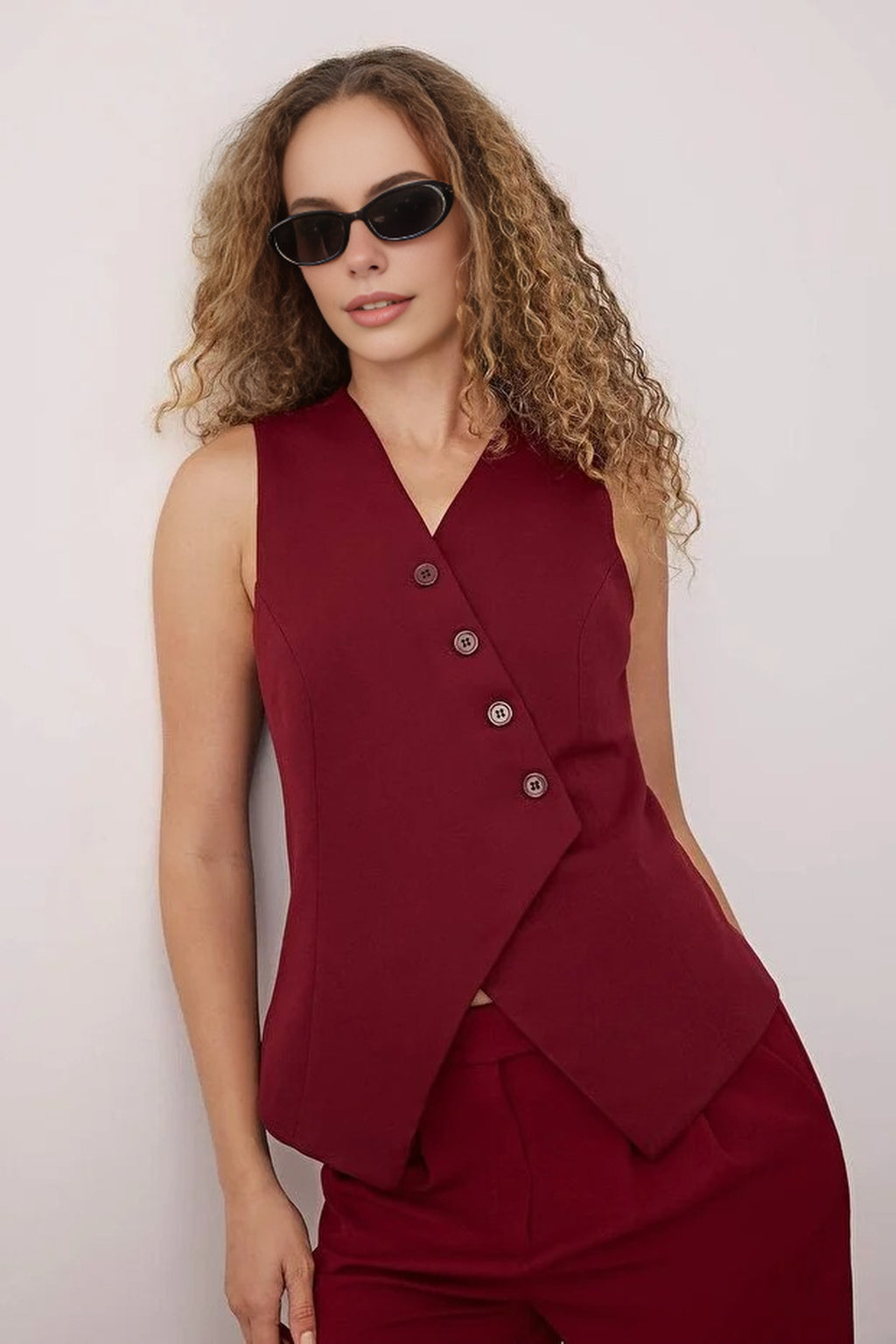 Woven Vest with Asymmetrical Buttons Detail