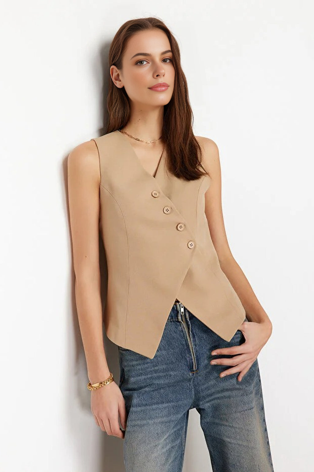 Woven Vest with Asymmetrical Buttons Detail