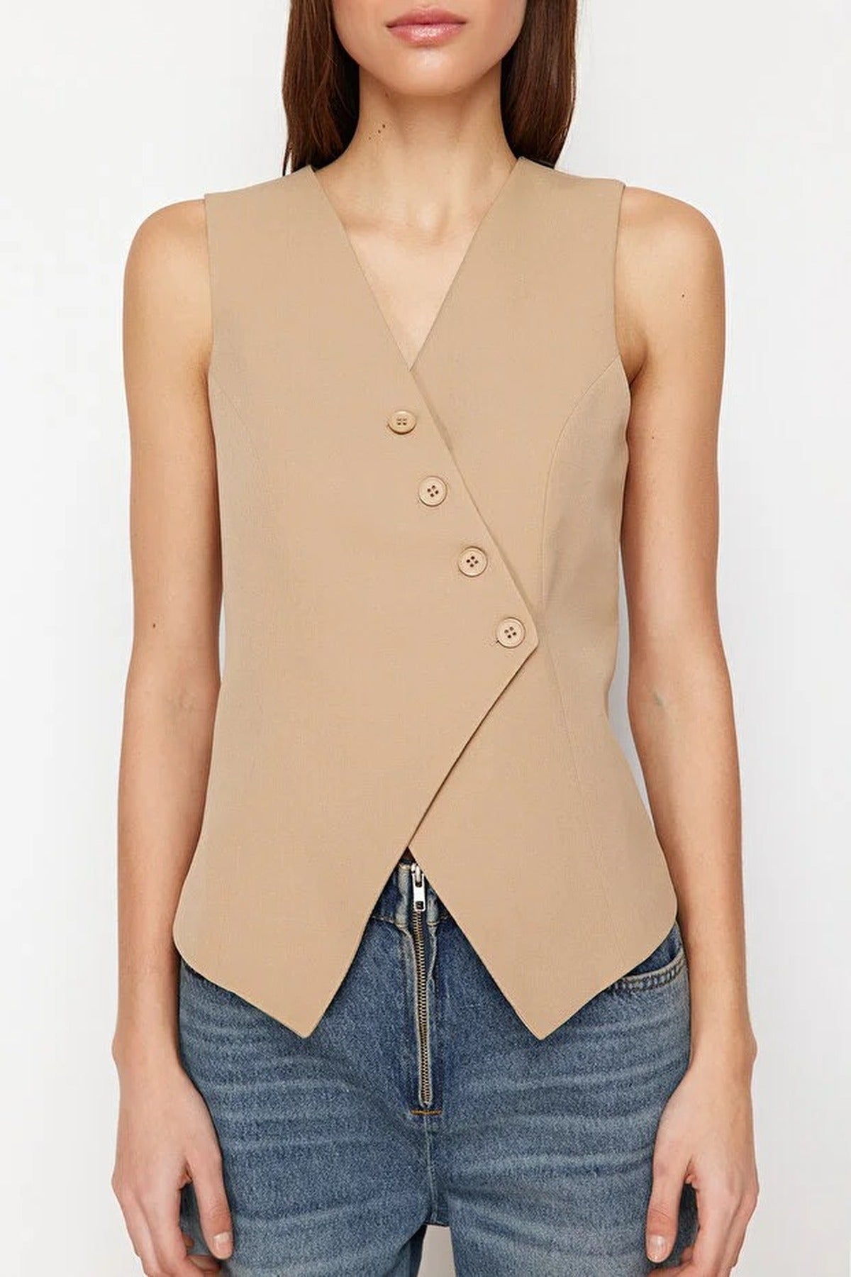 Woven Vest with Asymmetrical Buttons Detail