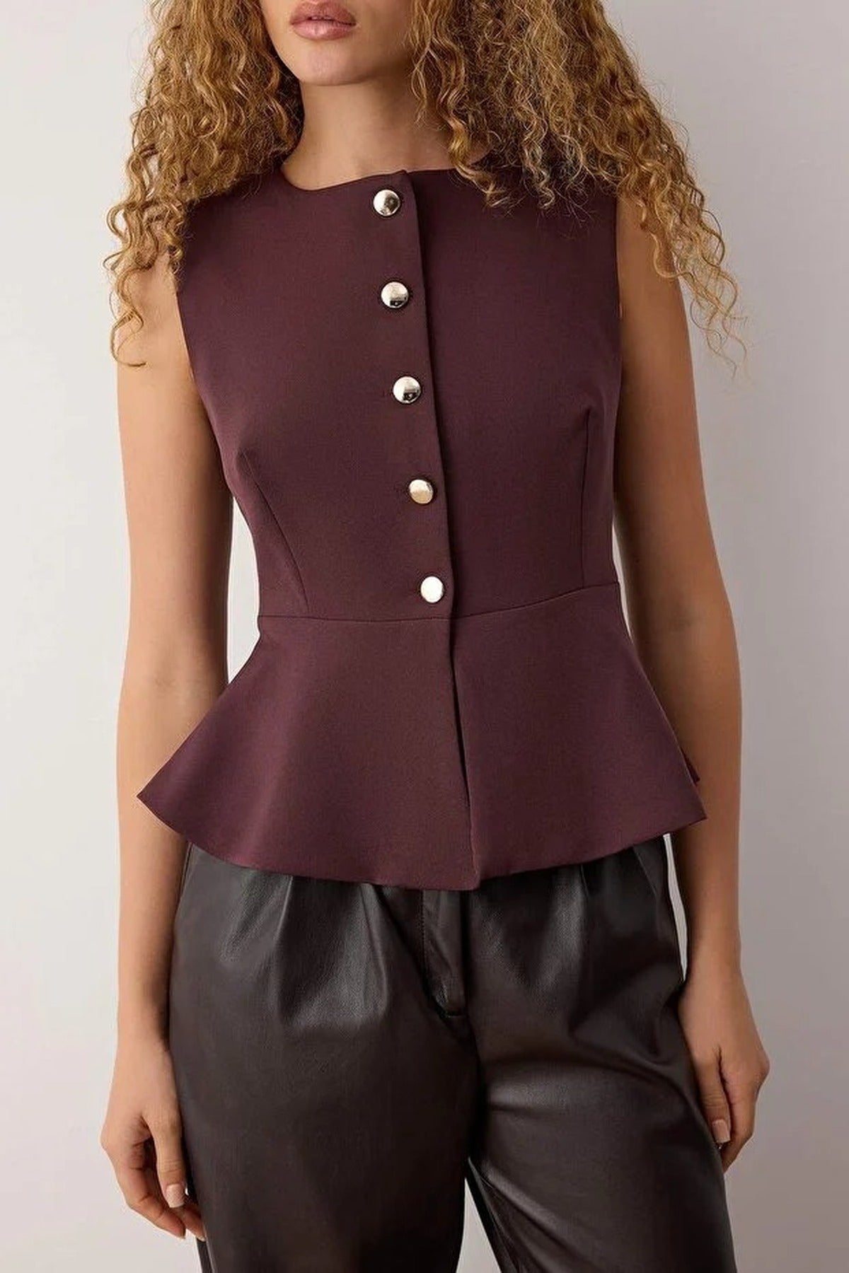 Fitted Accessory Buttoned Vest with Peplum Detail